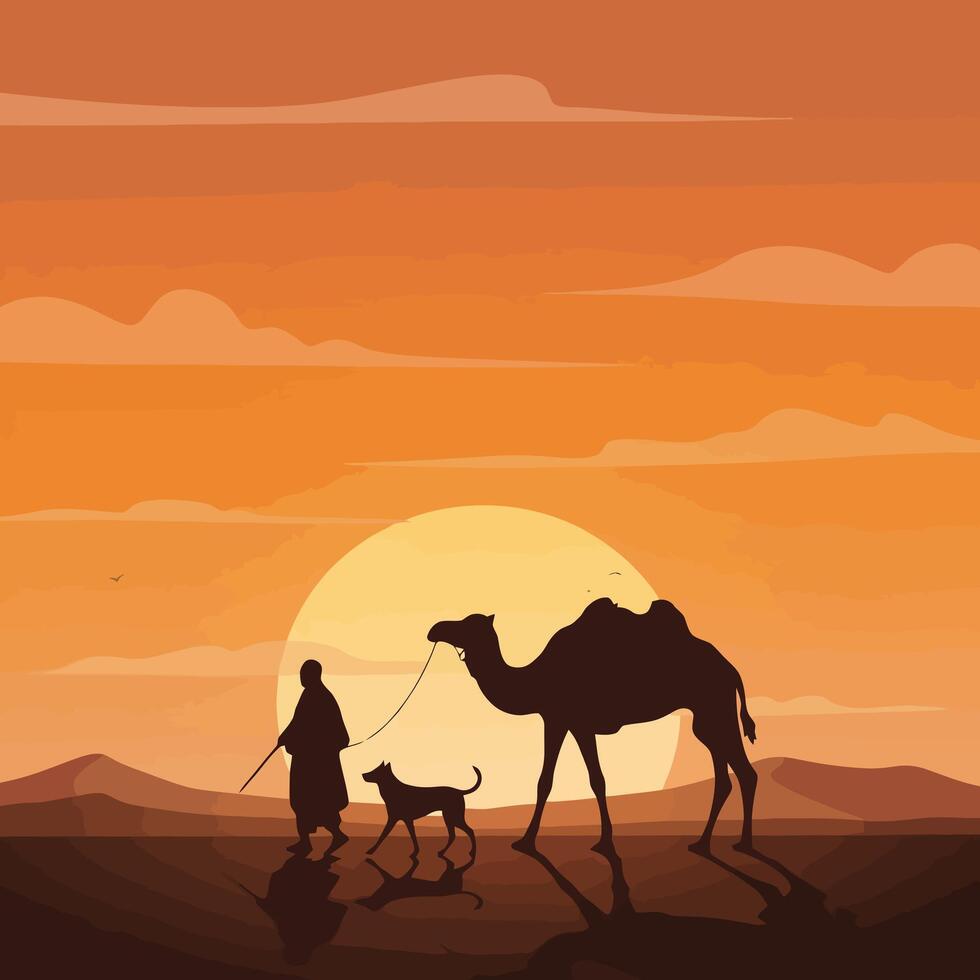 Walking Camel and Dog at Sunset in Desert Landscape vector