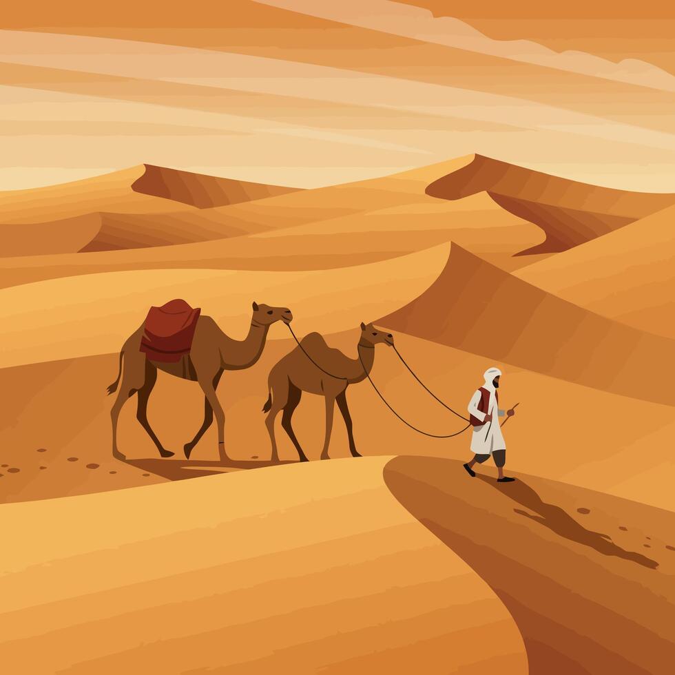 Walking with Camels Across the Desert Landscape on a Sunny Day vector