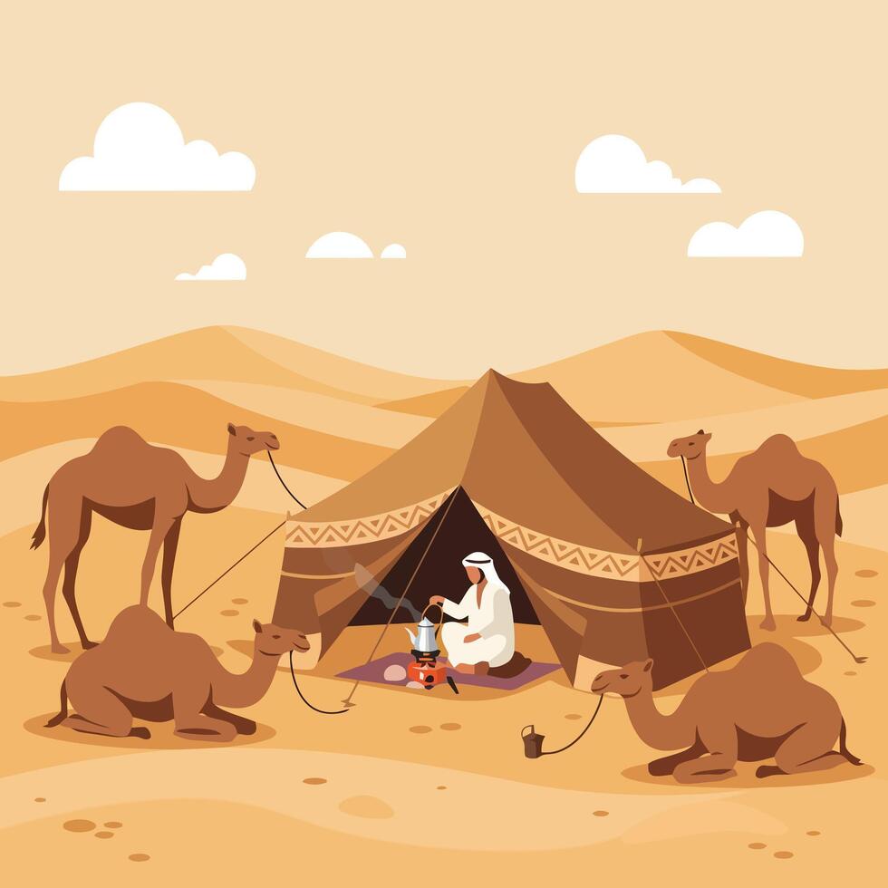 Person Making Tea at Desert Camp with Camels Graphic Illustration vector