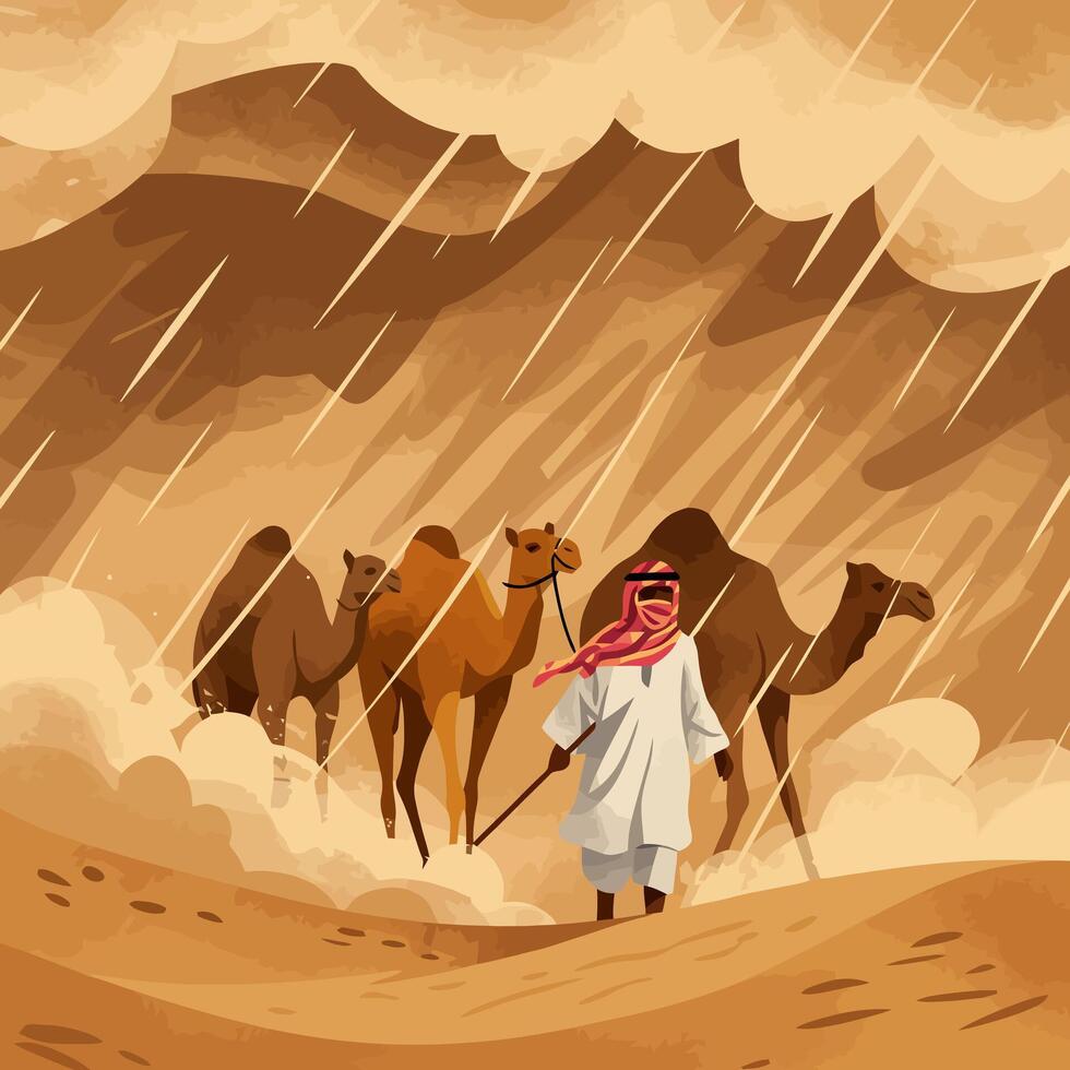 Walking Through Desert Rain with Camels Leading the Way vector