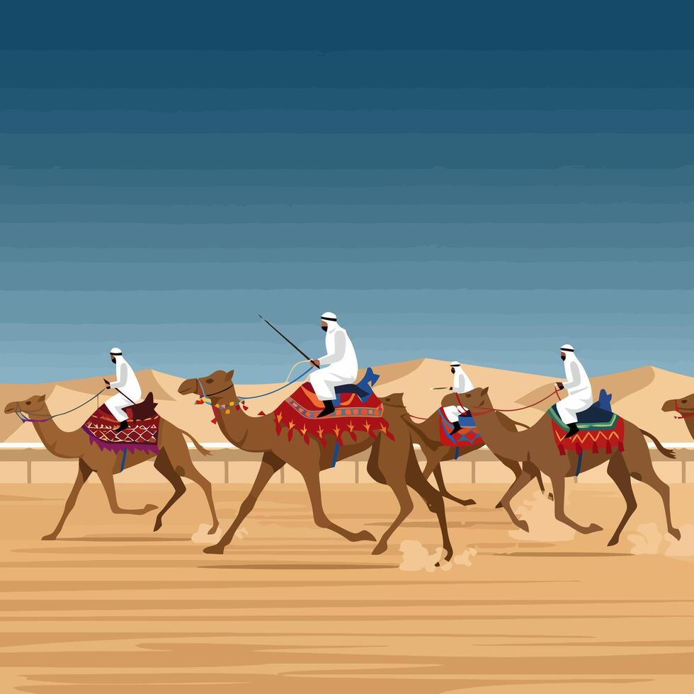 Camel Racing in the Desert with Men Riding on Decorated Camels vector