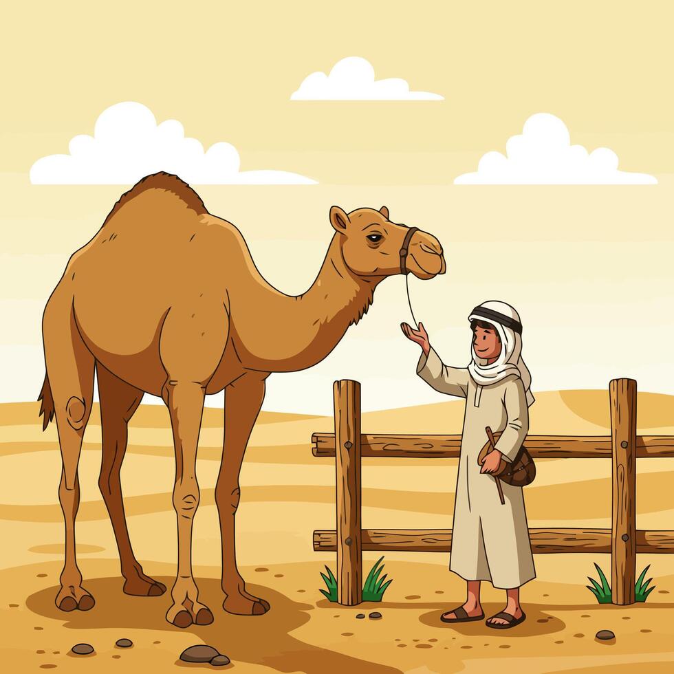 Man Interacting with a Camel in Desert Landscape Illustration vector