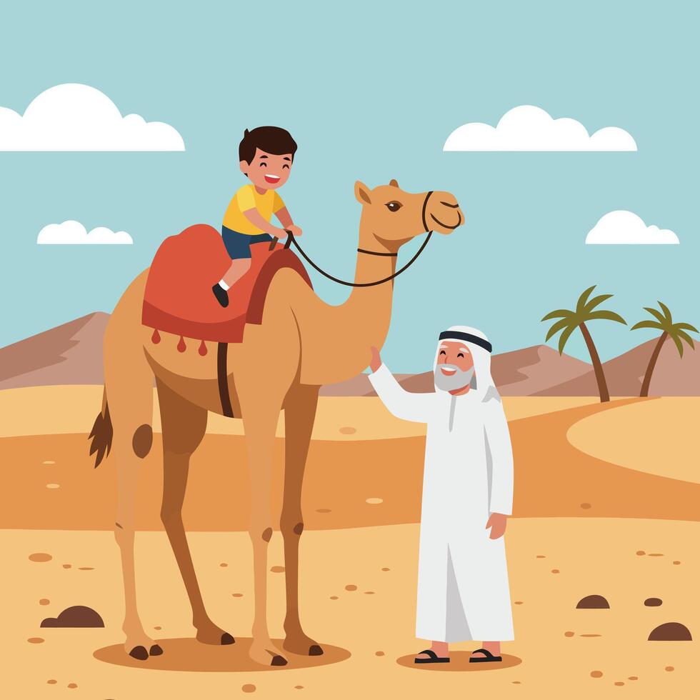 Boy Riding Camel with Caregiver in Desert Illustration vector