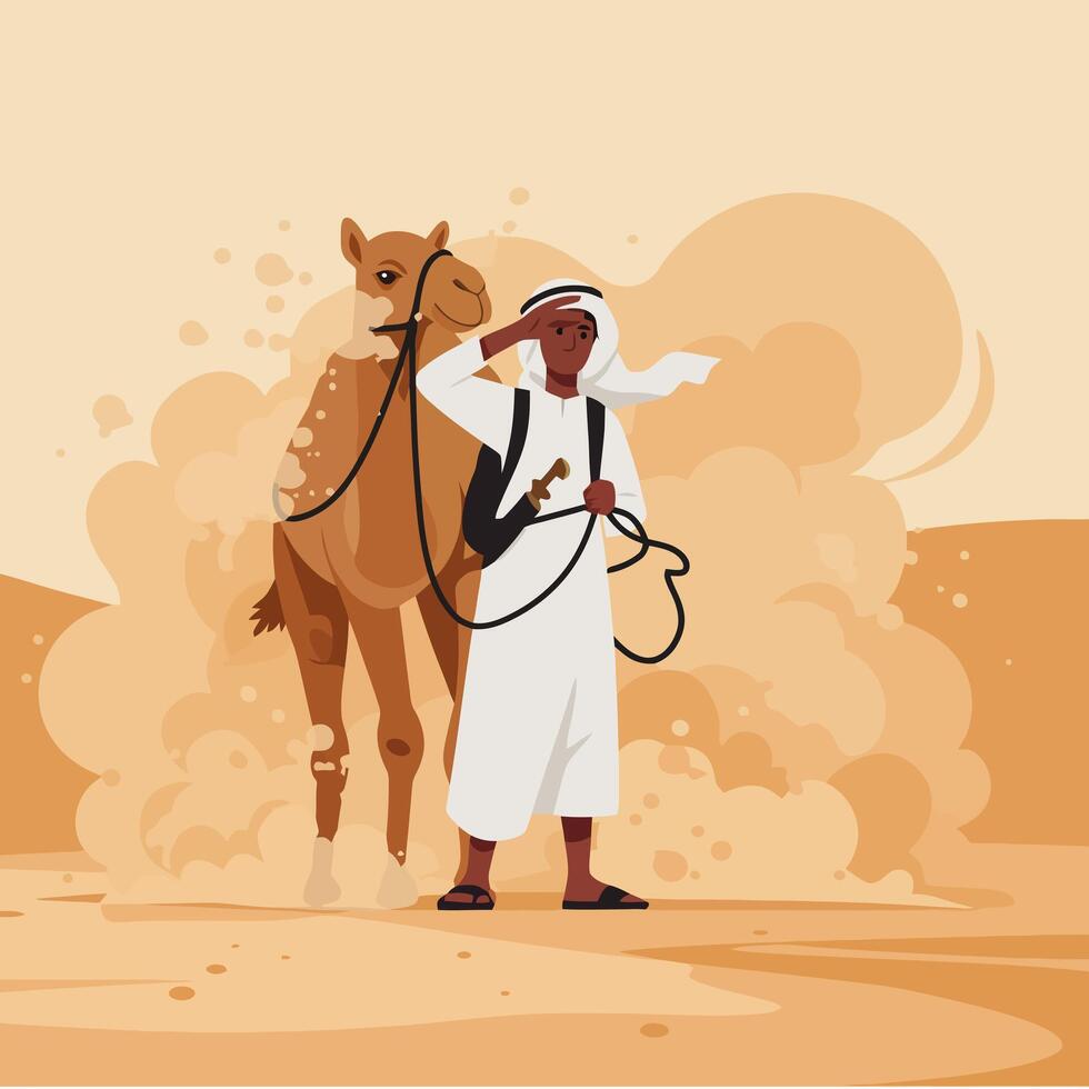 Man with Camel Trekking Across Desert Landscape in Sandstorm vector