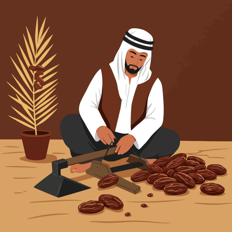 Man Preparing Dates with Traditional Tools Indoors in a Simple Scene vector
