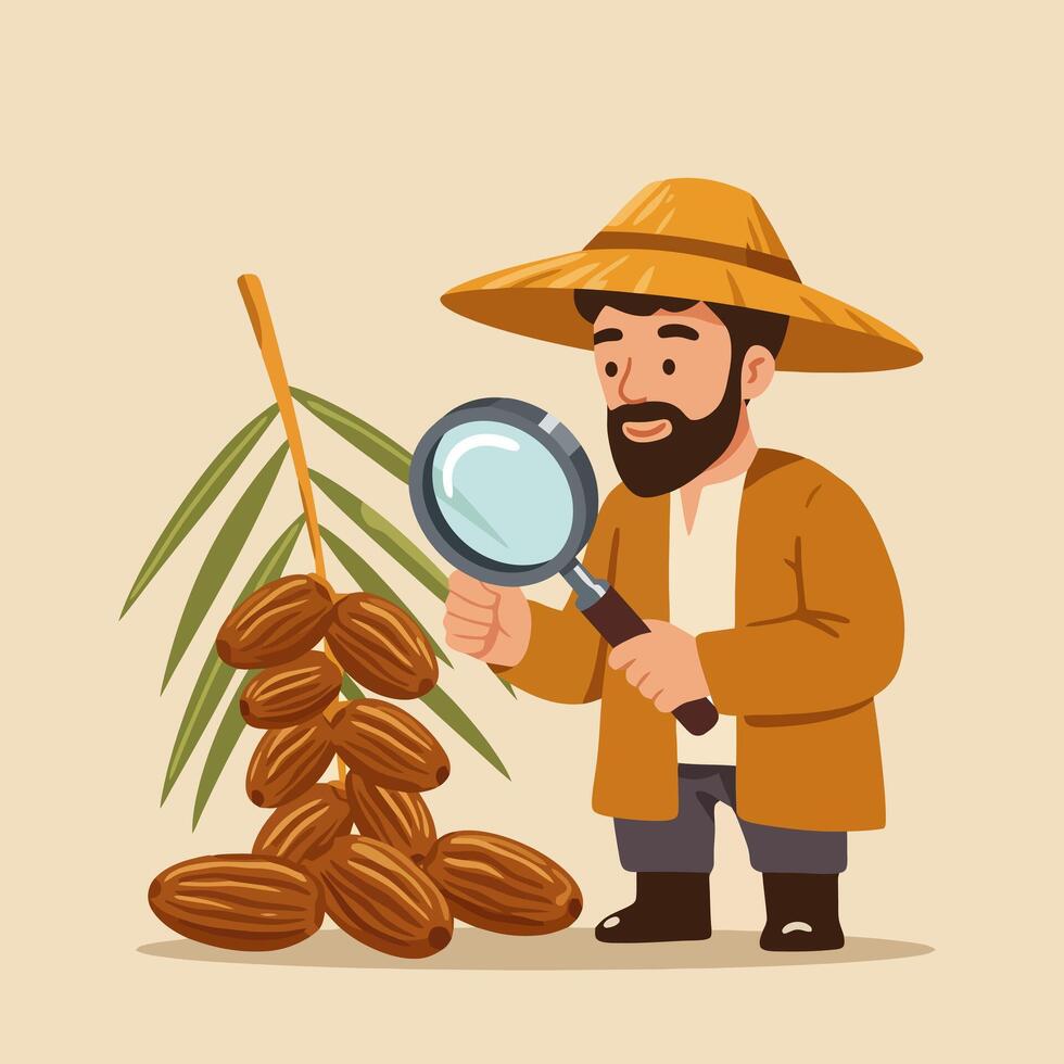 Examining Dates on Branch with Magnifying Glass Wearing Straw Hat vector