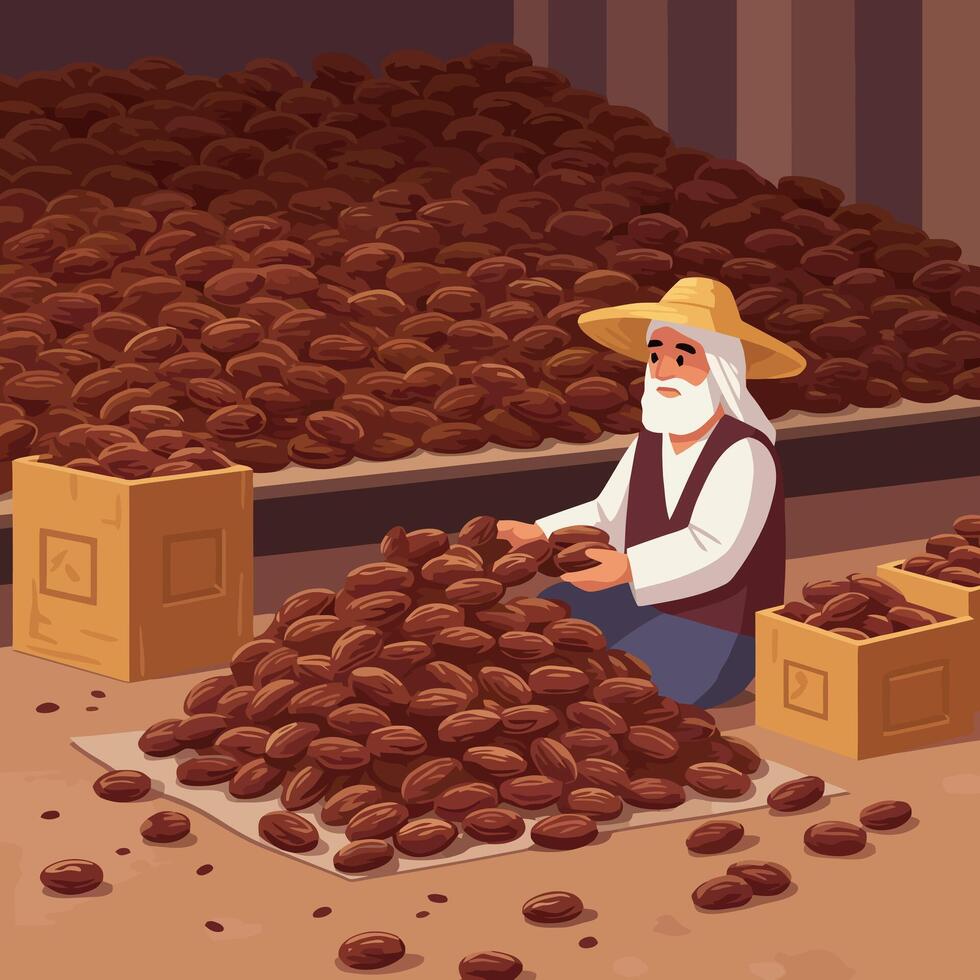 Worker Gathering Dates with Pile in Background and Box Harvest vector