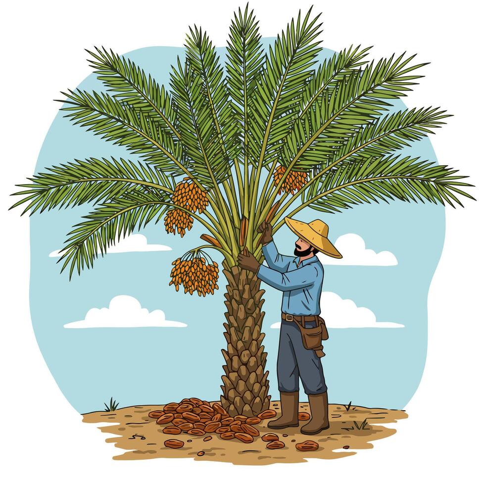 Harvesting Date Fruit a Farmer Collecting Ripe Dates From Palm Tree vector