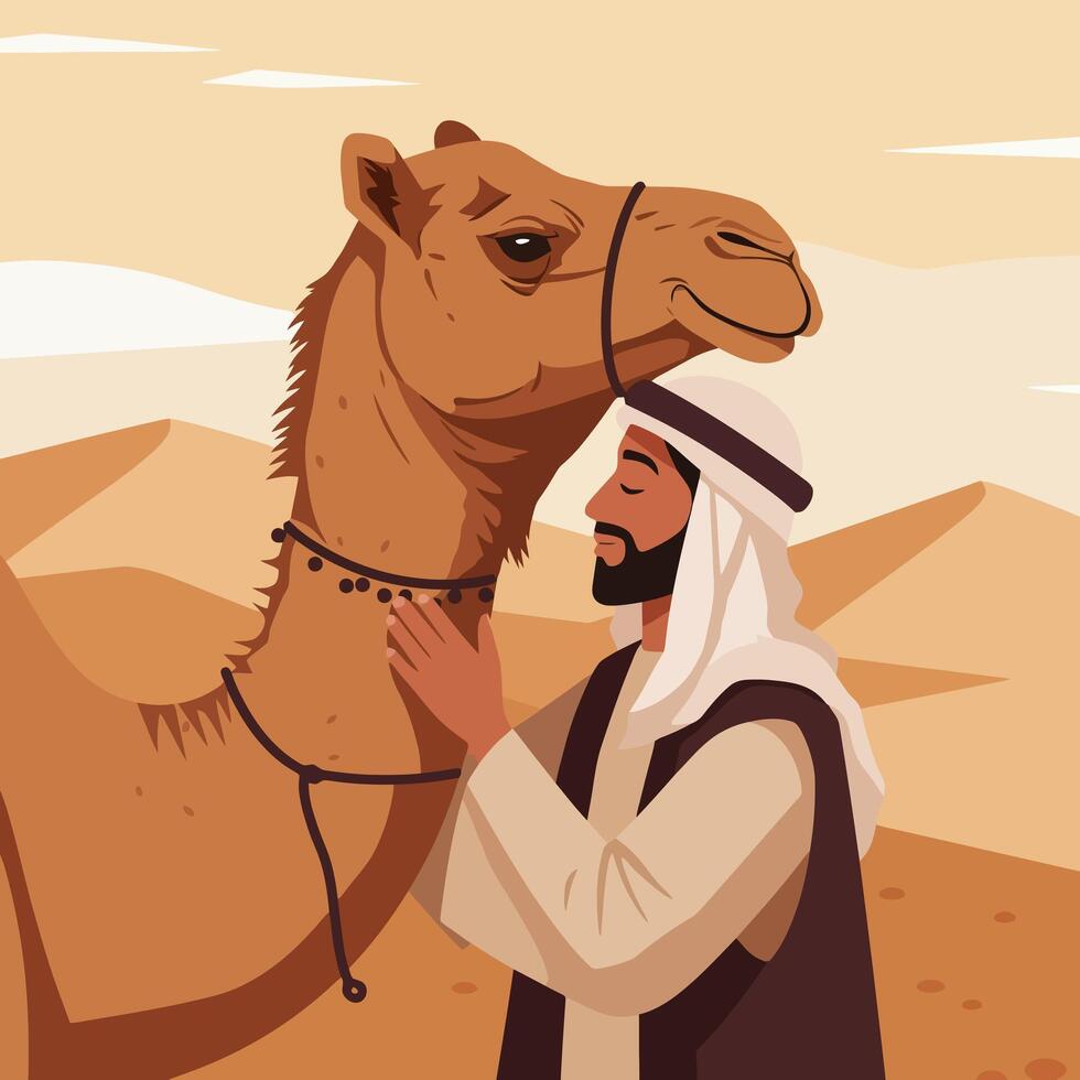 Man Petting Camel in Desert Landscape with Calm and Affection vector