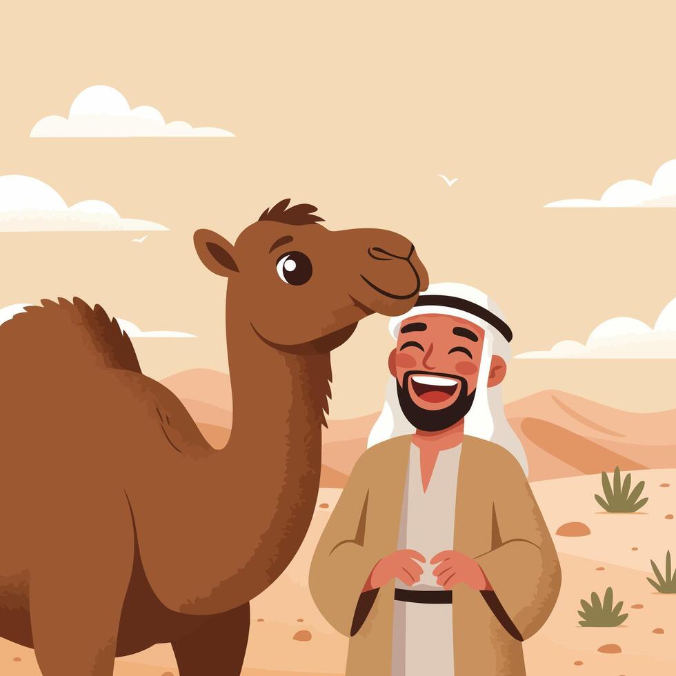 Man and Camel Illustration in Desert with Happy Expression vector