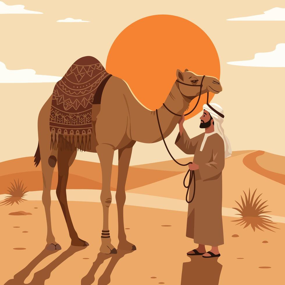 Man with Camel in Desert Landscape at Sunset Travel Scene vector