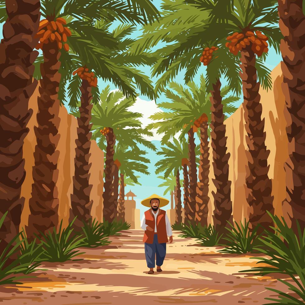 Man Walking Through Palm Tree Pathway on a Sunny Day vector