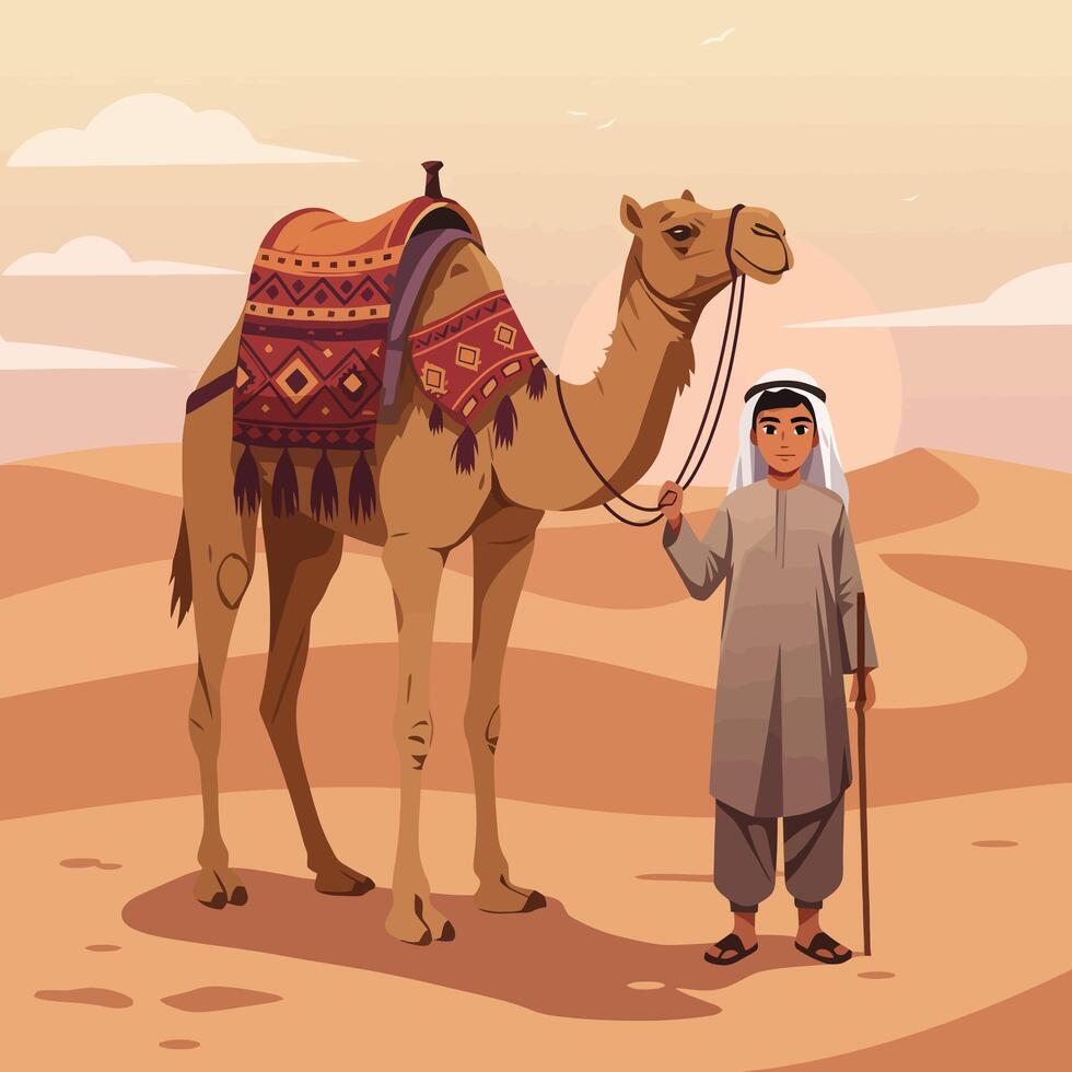 Man with Camel in Desert Landscape Illustration at Sunset Time vector