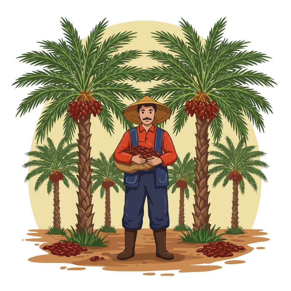 Farmer Harvesting Dates in Palm Tree Orchard with Basket vector