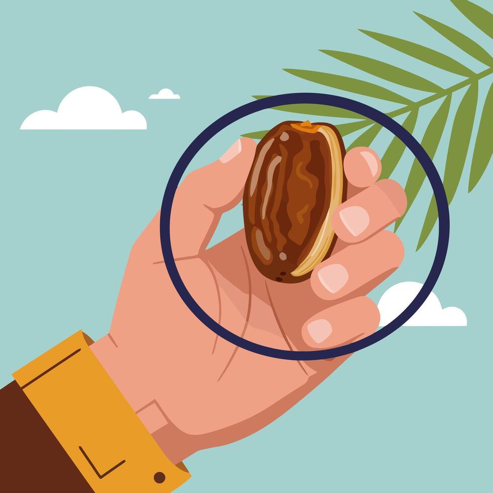 Holding Half Date Fruit Against Sky with Palm Leaf Graphic vector