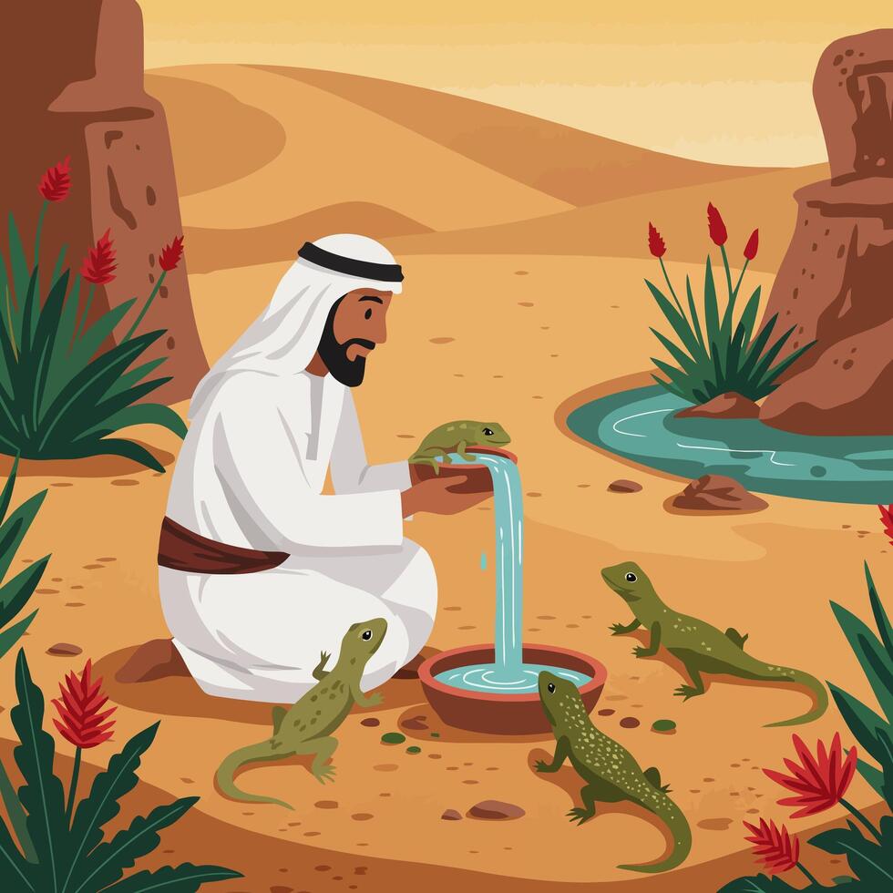 Man Sharing Water with Lizards in Desert Oasis Illustration vector