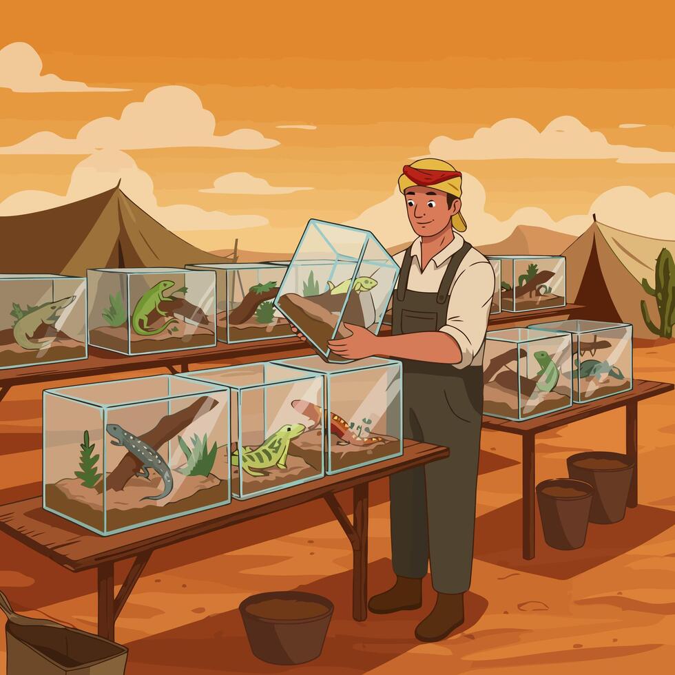Man Holding Terrarium with Lizard in Desert Setting Cartoon Style vector