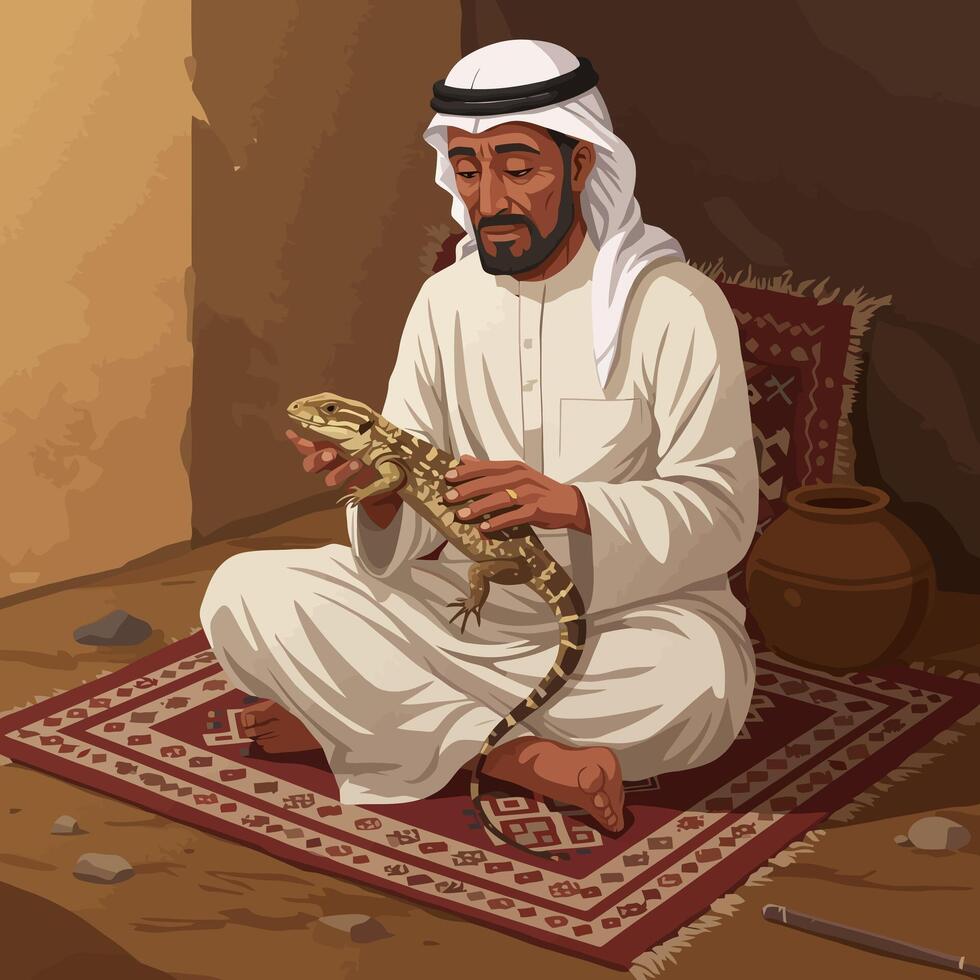 Man Holding Lizard Sitting Cross Legged on a Decorative Rug vector