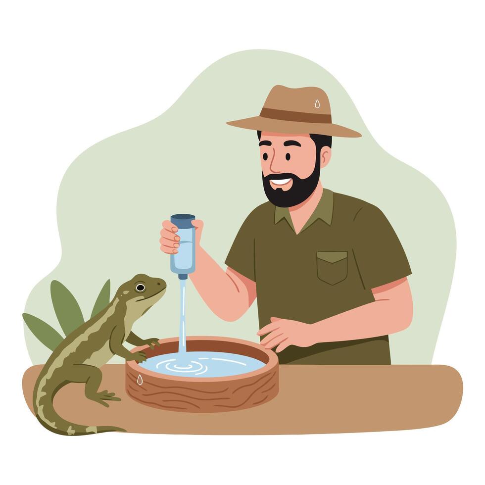Man Hydrating Lizard with Water Bottle Into Bowl Illustration vector