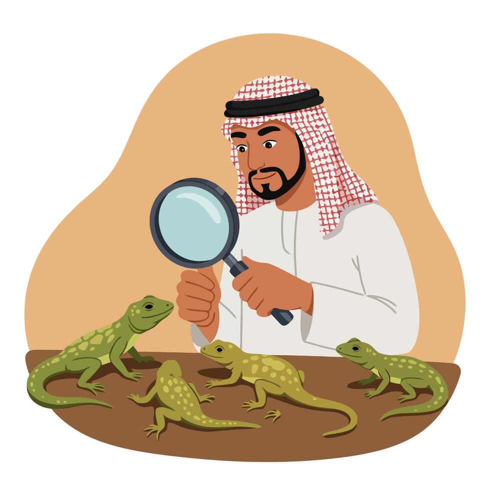 Man Inspecting Lizards with Magnifying Glass Investigation and Study vector