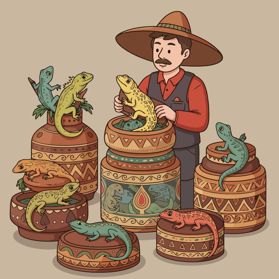 Man Displaying Lizards on Decorated Pottery for an Unusual Pet Shop vector