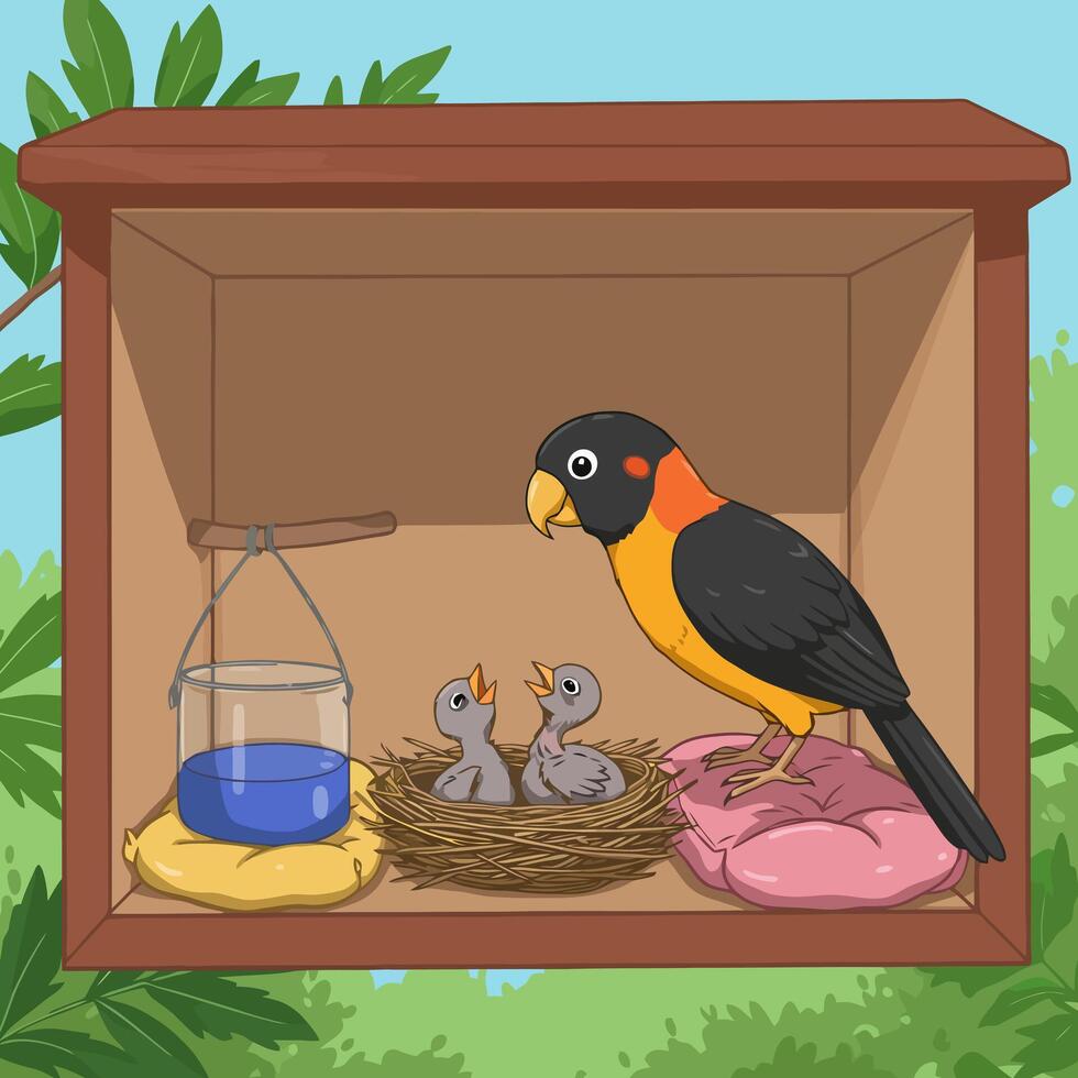 Bird Family Nesting Inside Wooden Birdhouse with Water and Cushions vector