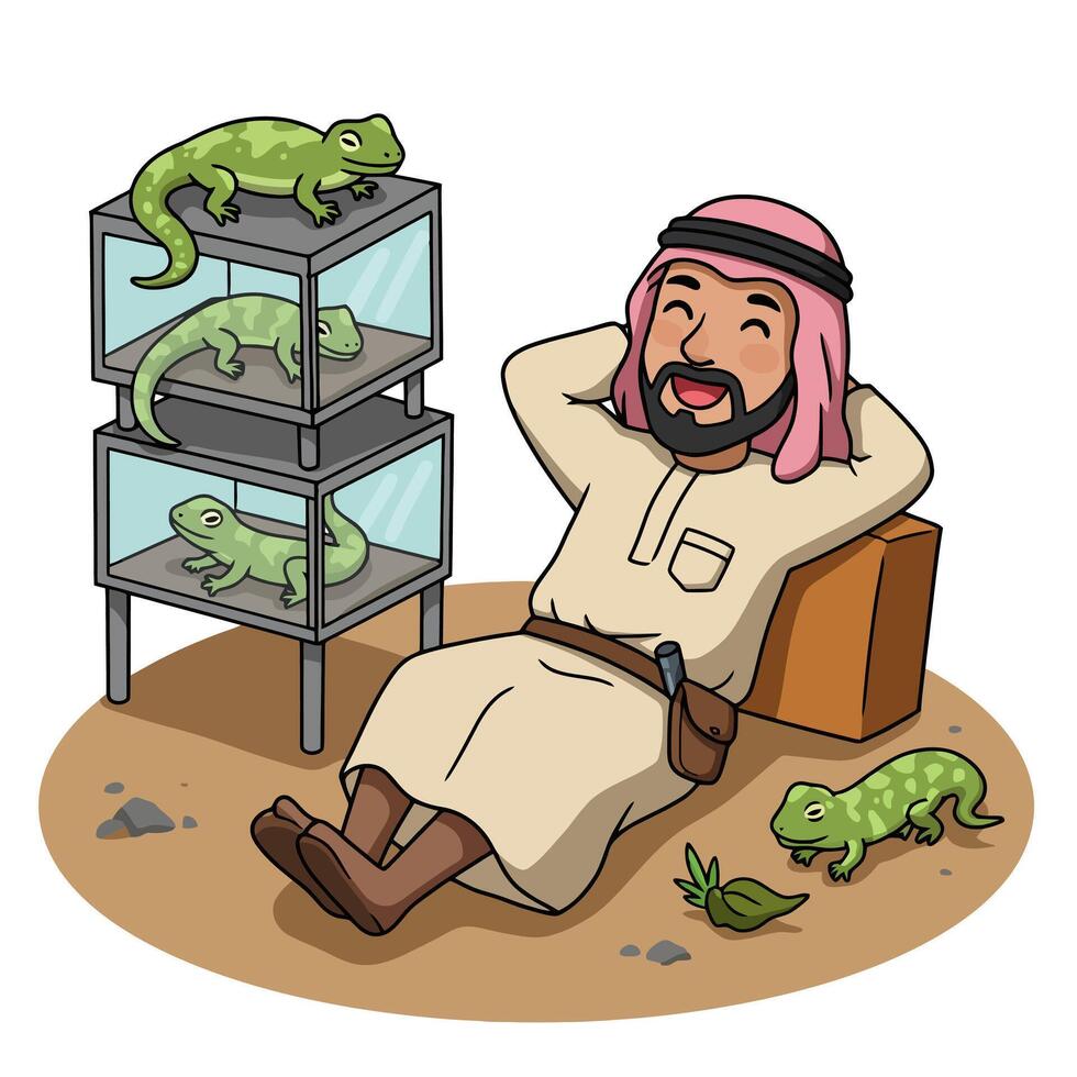 Man Relaxing with Lizards Illustration Peaceful Middle Eastern Scene vector