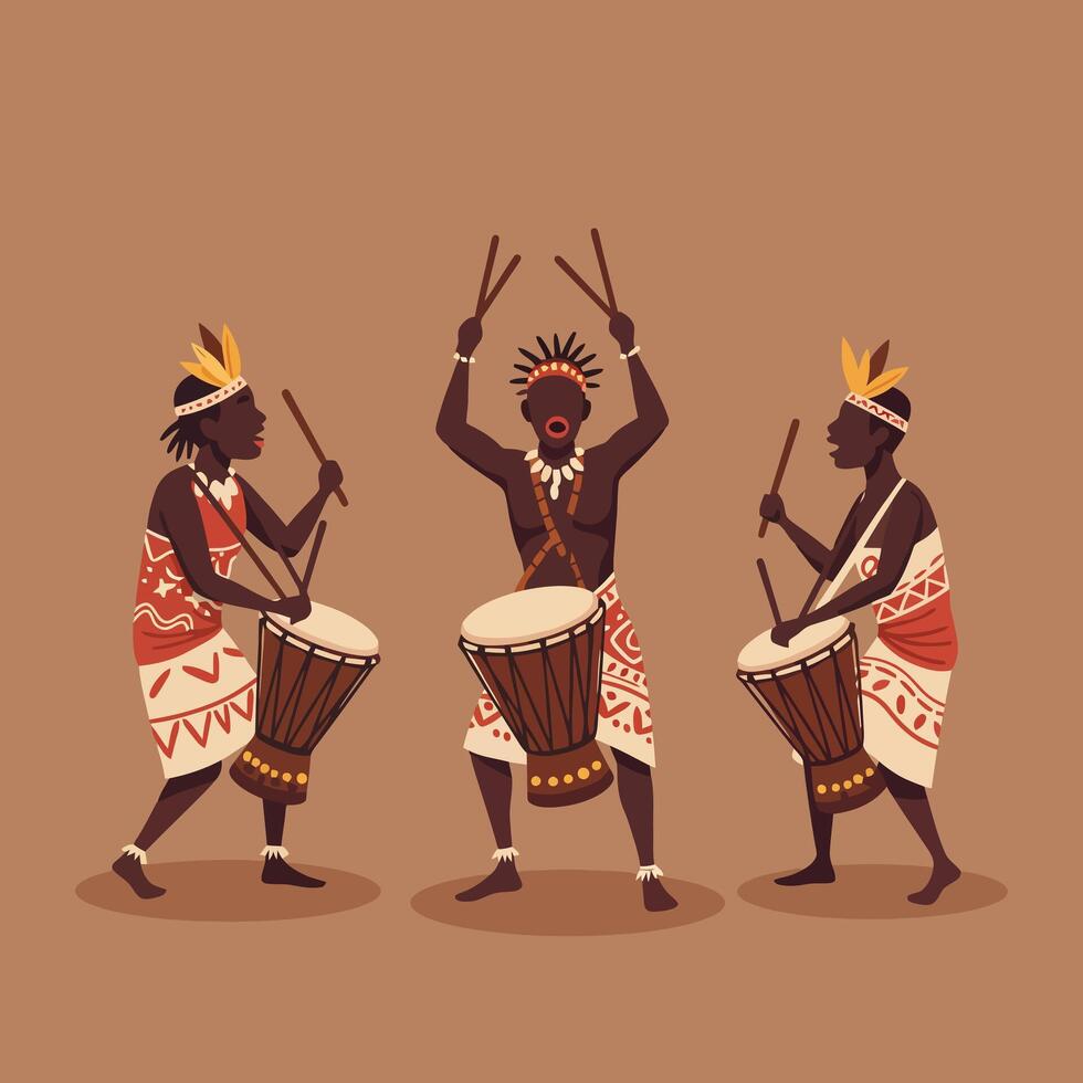 People Playing Drums with Sticks in Traditional Ethnic Clothing Design vector