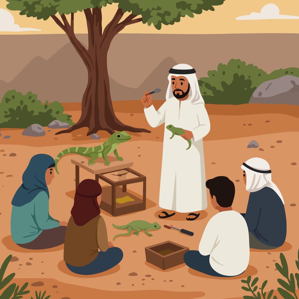 Man Teaching About Reptile in Desert Setting with Seated Students vector