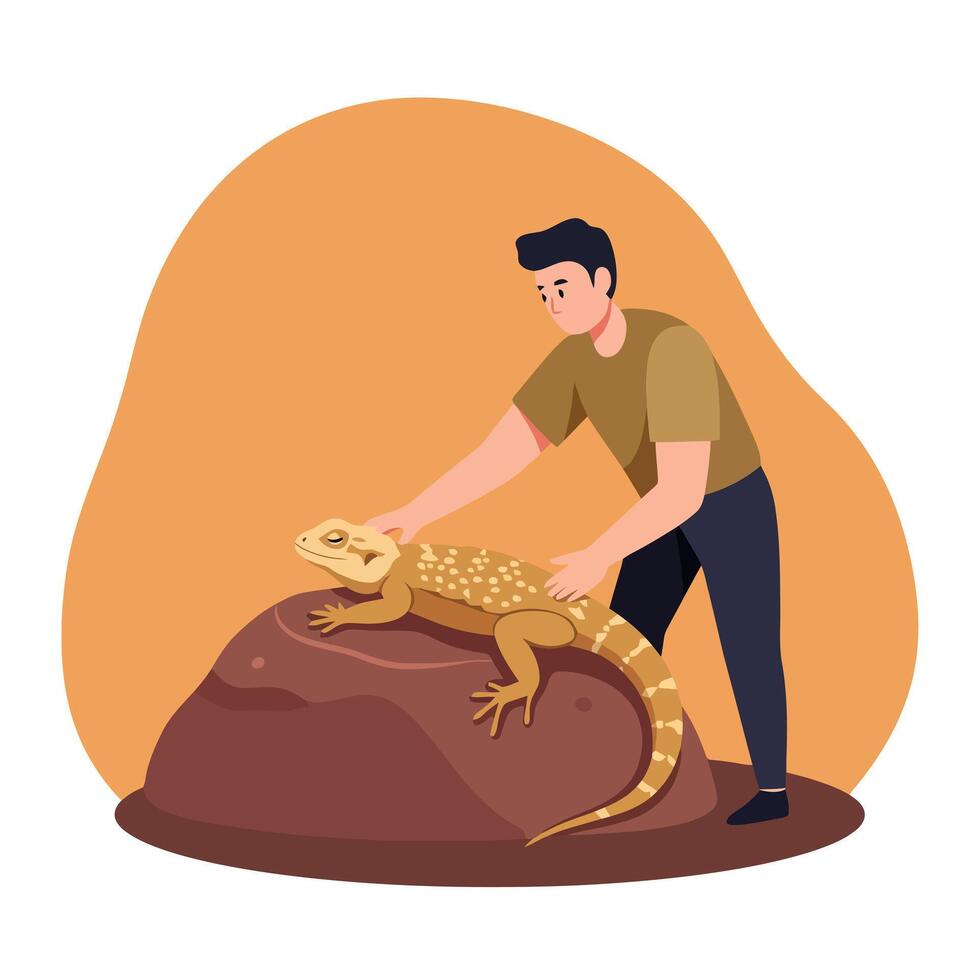 Person Stroking a Lizard on a Rock Pet Ownership Illustration vector