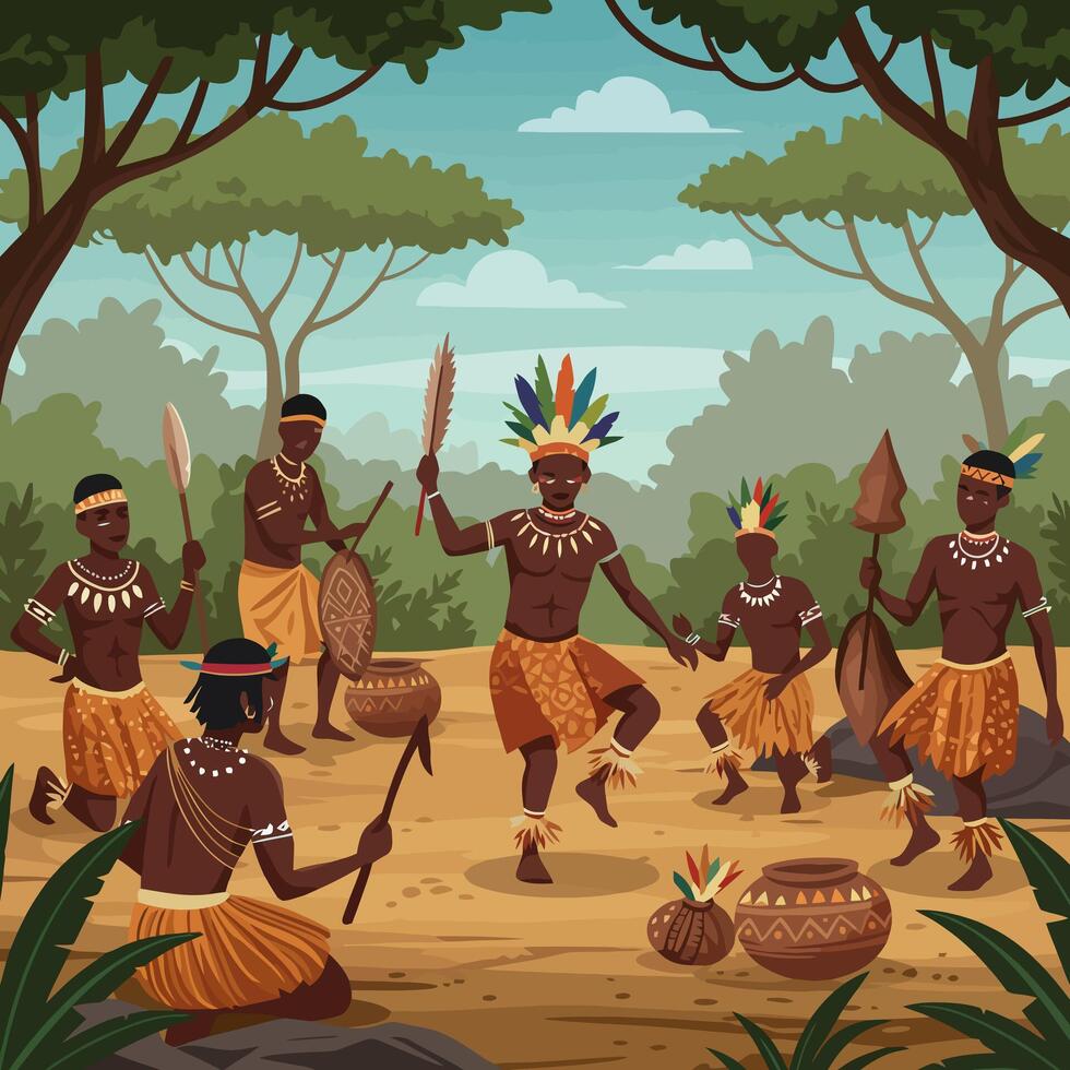 People Celebrating with Tribal Dance in a Forest Clearing During Daytime vector