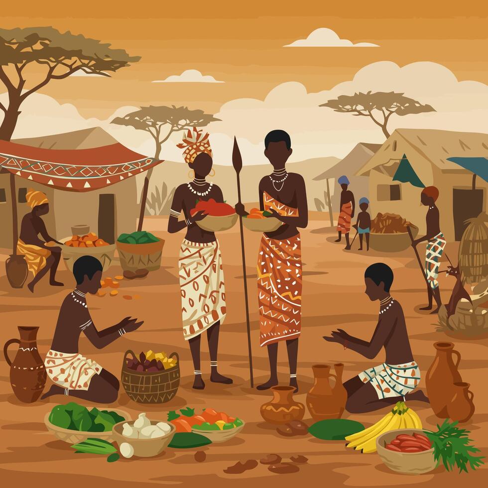 African Village Market Scene with People Selling and Trading Food vector