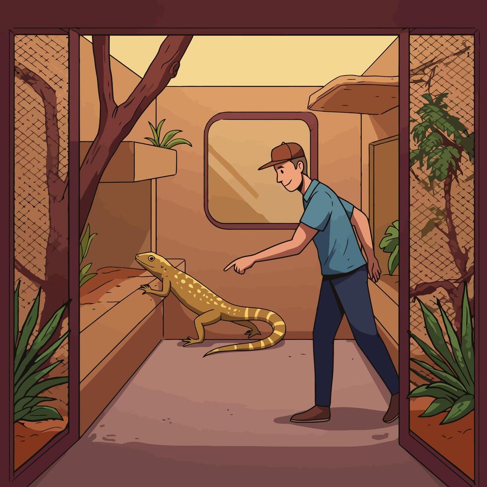 Man Pointing at Lizard in Terrarium Exhibits Educational Exploration Hobby vector