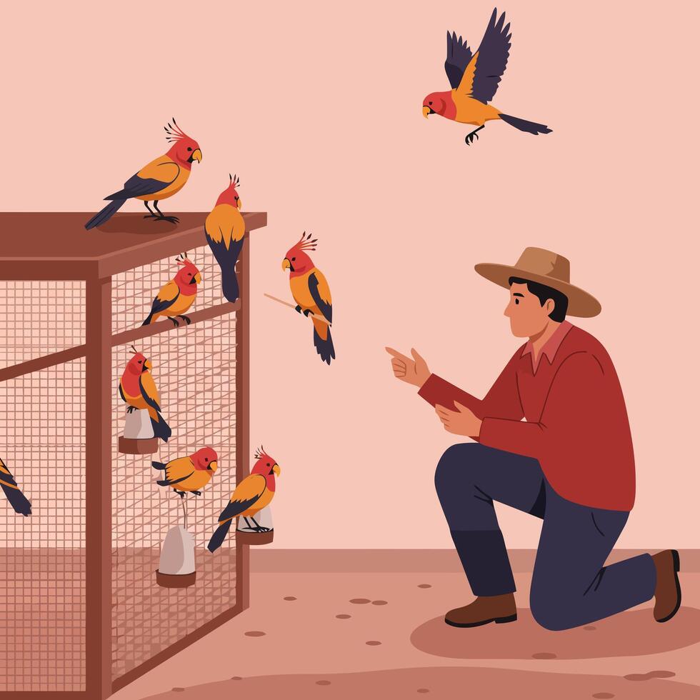 Bird Keeper Interacting with Exotic Parrots in Cage and Flying vector
