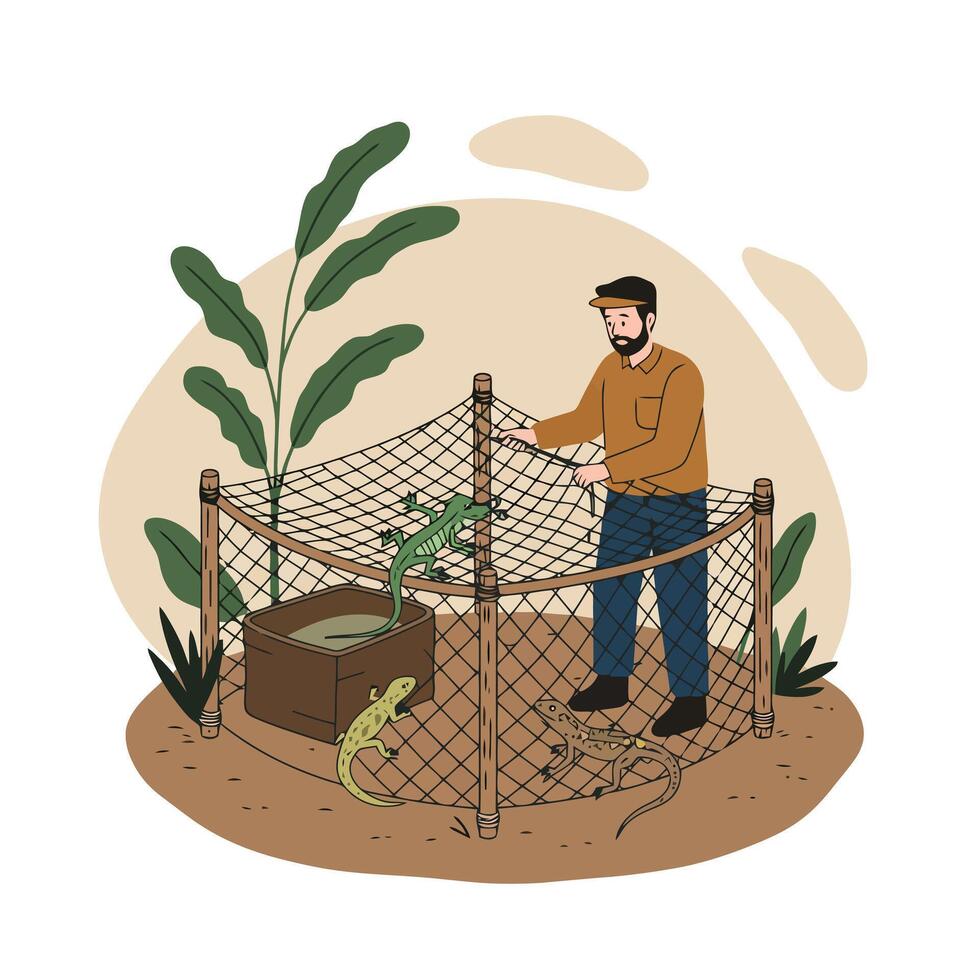 Man Tending to Lizards in Outdoor Enclosure Surrounded by Plants vector
