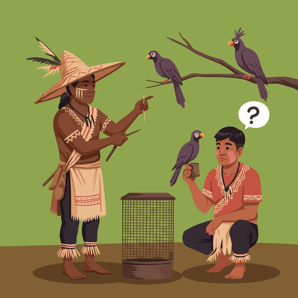 Indigenous Men with Birds in Cage Question Mark Concept Illustration vector