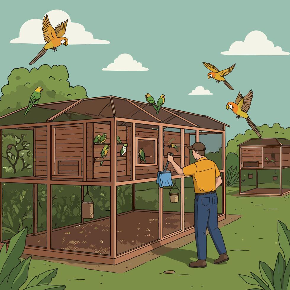 Feeding Birds in Aviary with Tropical Birds Flying Around Illustration vector