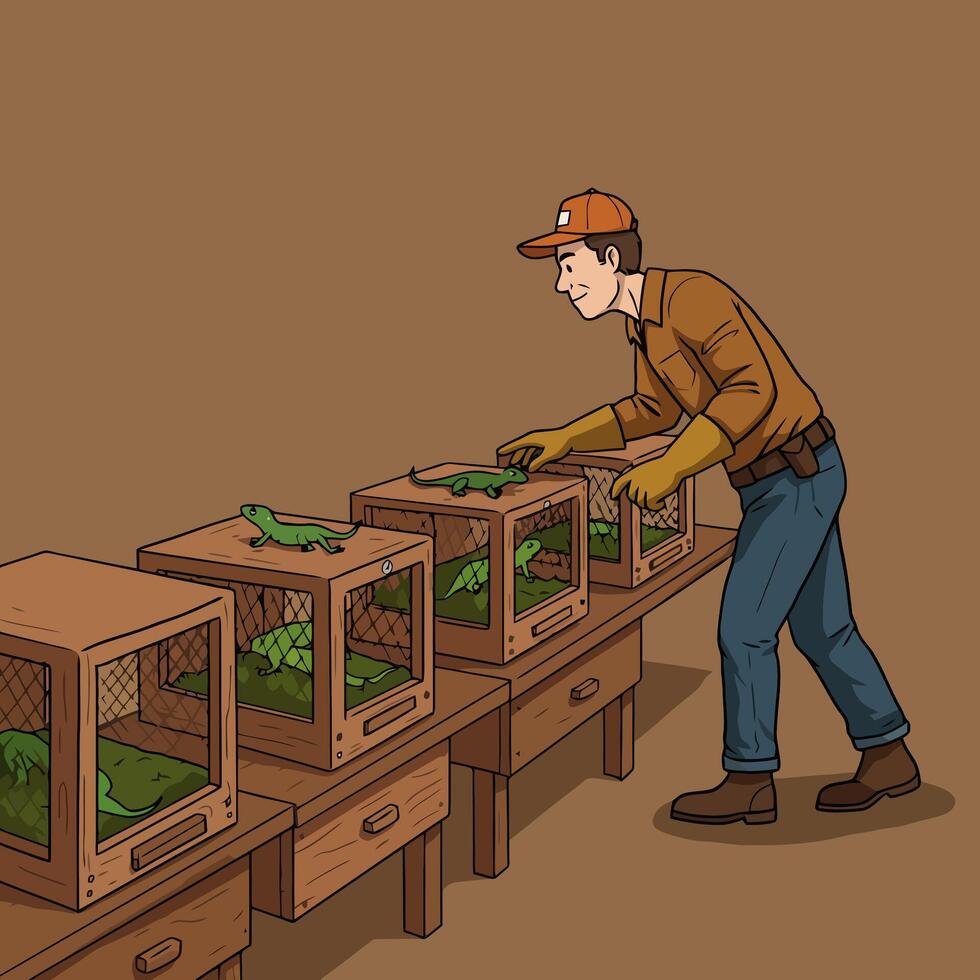 Checking Green Lizards in Cages on Wooden Table Illustration vector