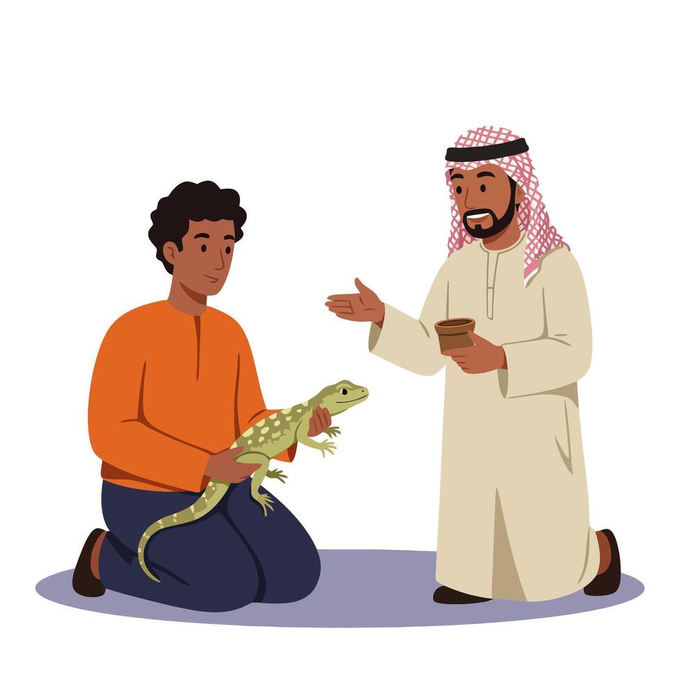Man Holding Gecko Talking with Another Man Wearing Headdress vector