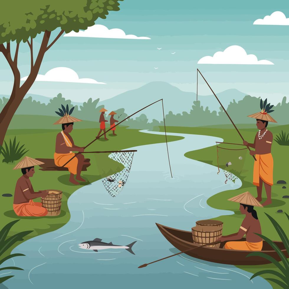 People Fishing in River Using Rods and Net in a Rural Setting vector