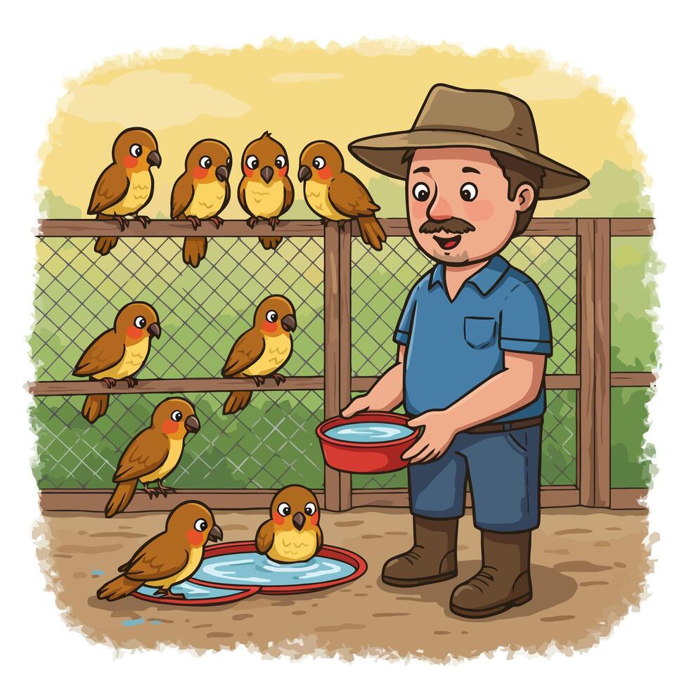 Man Caring for Birds Cartoon Scene with Water Bowls and Fence vector