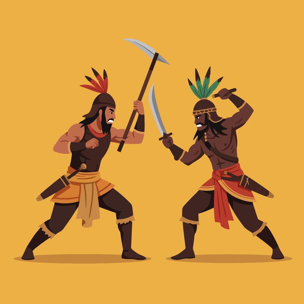 Two Warriors Fighting with Sword and Axe in Battle Illustration vector