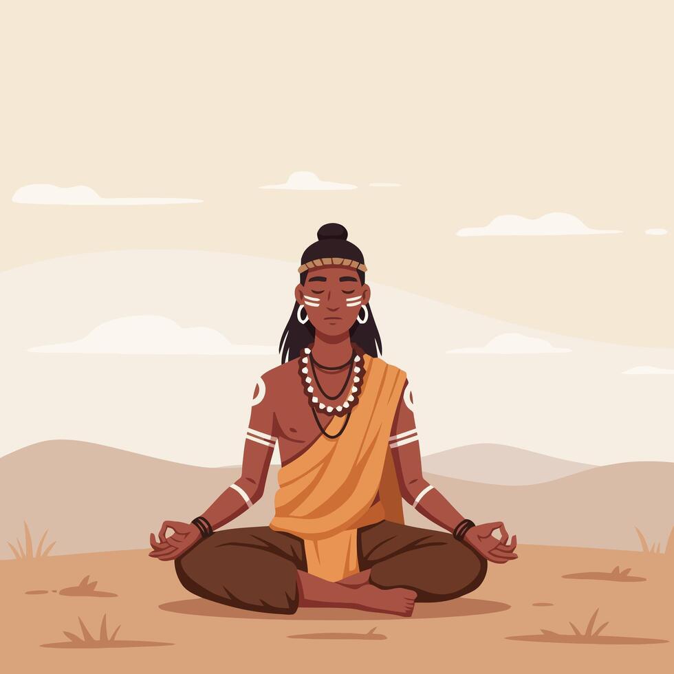 Man Meditating Outdoors in Lotus Position with Traditional Style vector