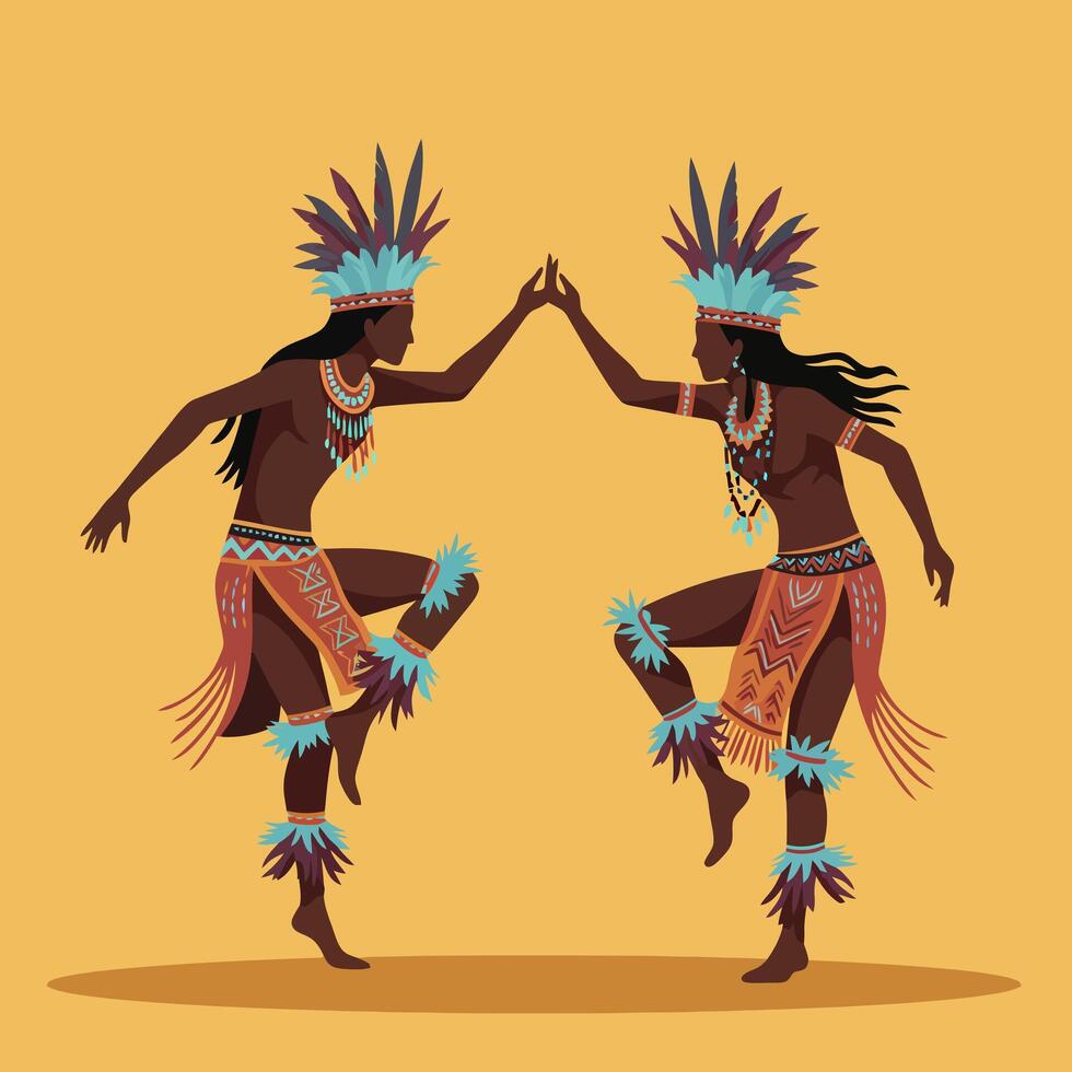 Two People Performing Traditional Dance with Headdresses and Ornamentation vector