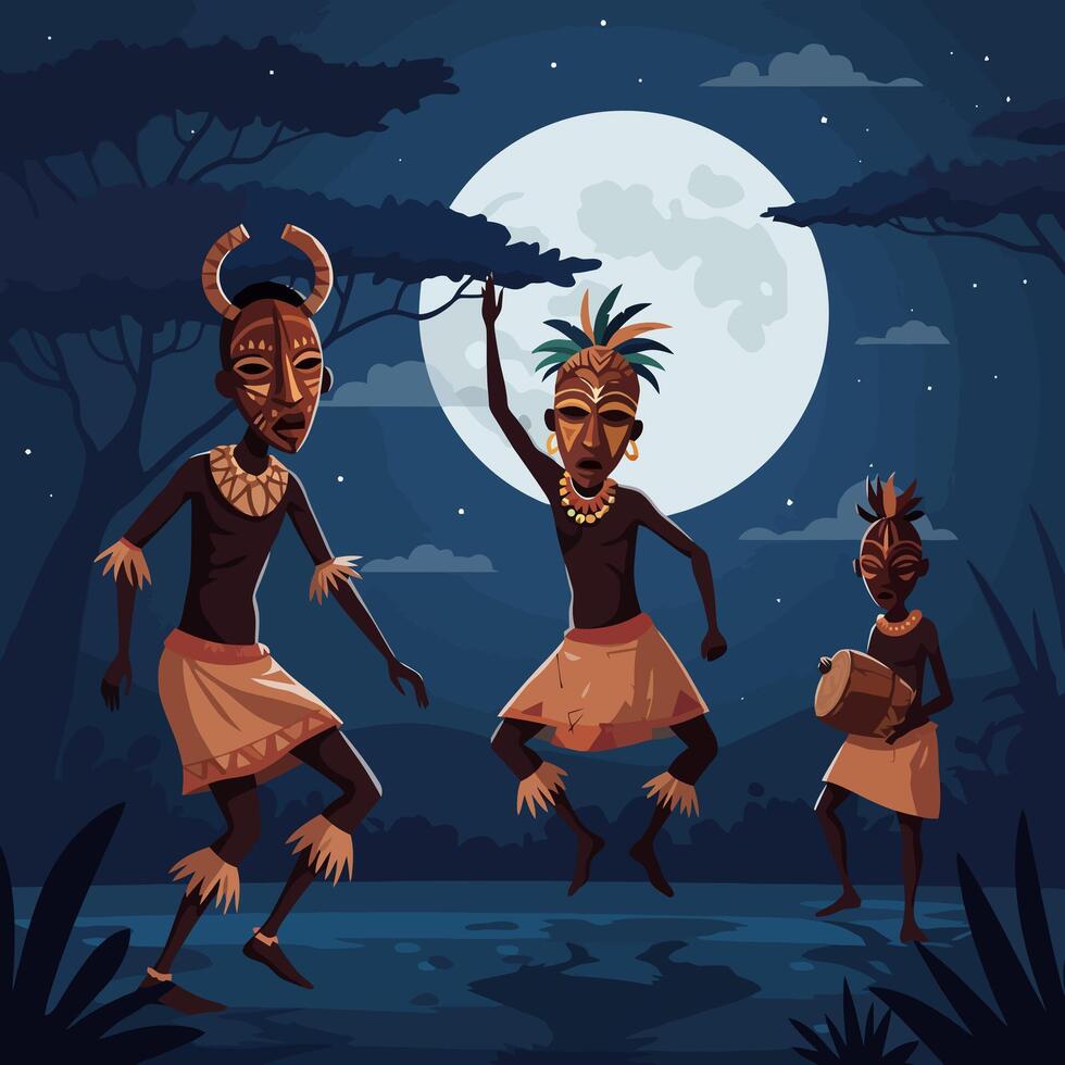 African Tribal Dance Celebration Under the Moonlight Festive Cultural Event vector