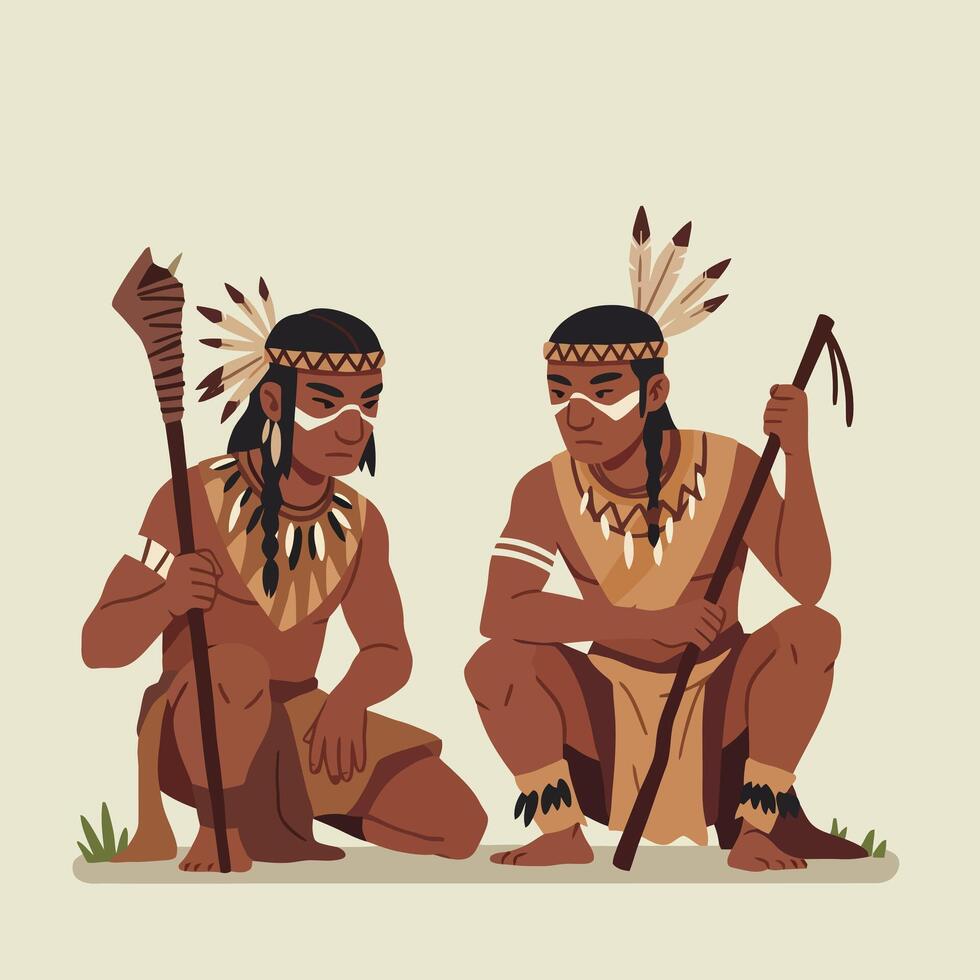 Two Indigenous Men Squatting and Holding Staffs in Traditional Clothing vector