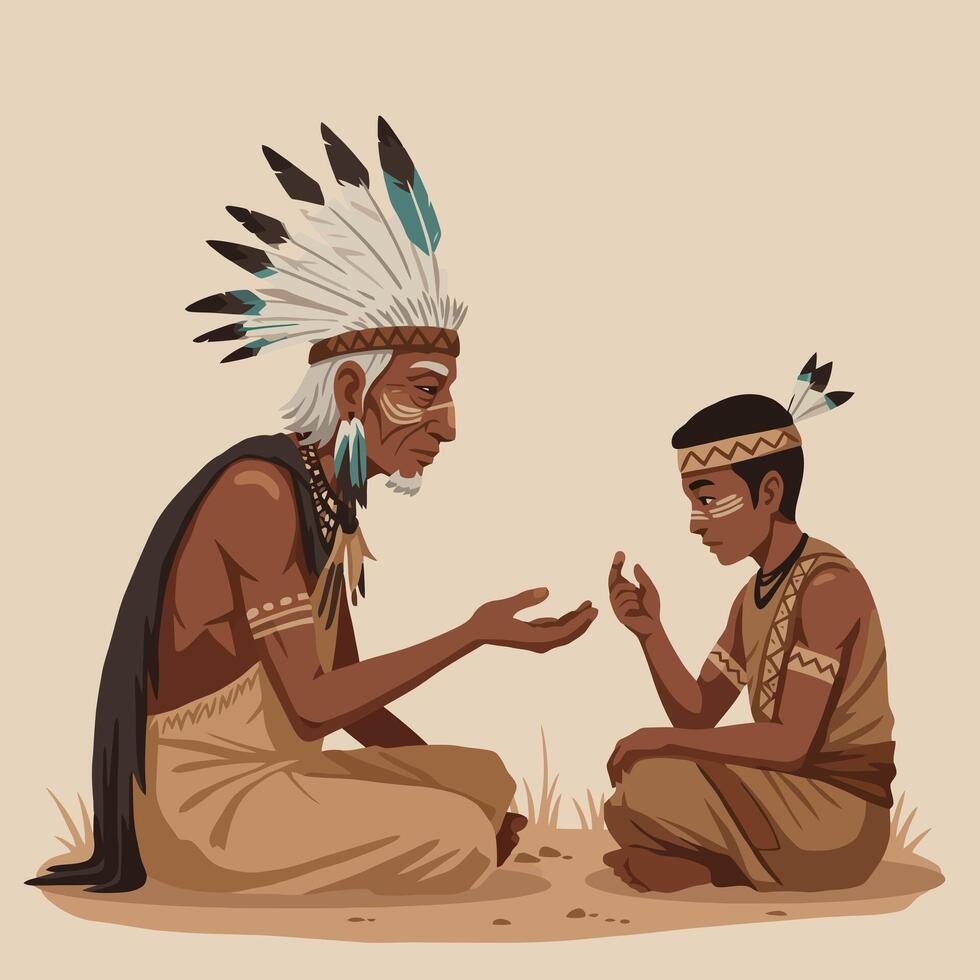 Native American Elder Teaching Boy Sitting Down Outdoor Scene vector