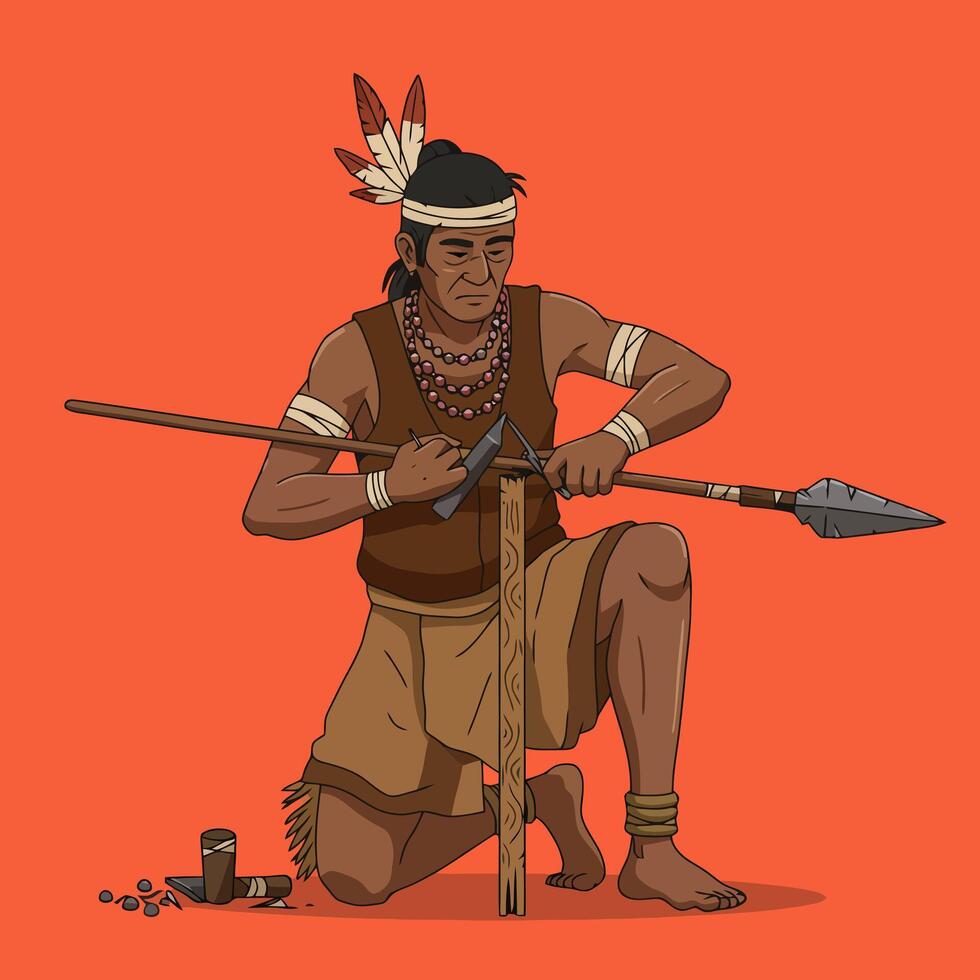Man Crafting Spearhead Attaching to Shaft Traditional Indigenous Skills vector