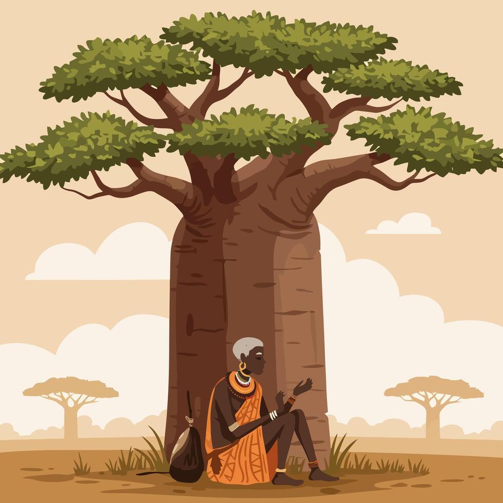Man Sitting Under Baobab Tree Relaxing in African Savannah vector
