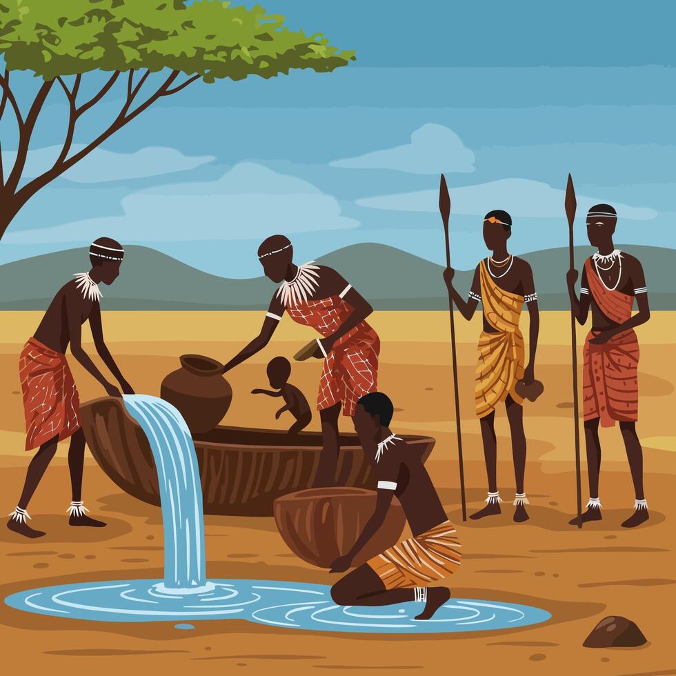 Gathering Water Traditional Community Illustration with People and Landscape Elements vector